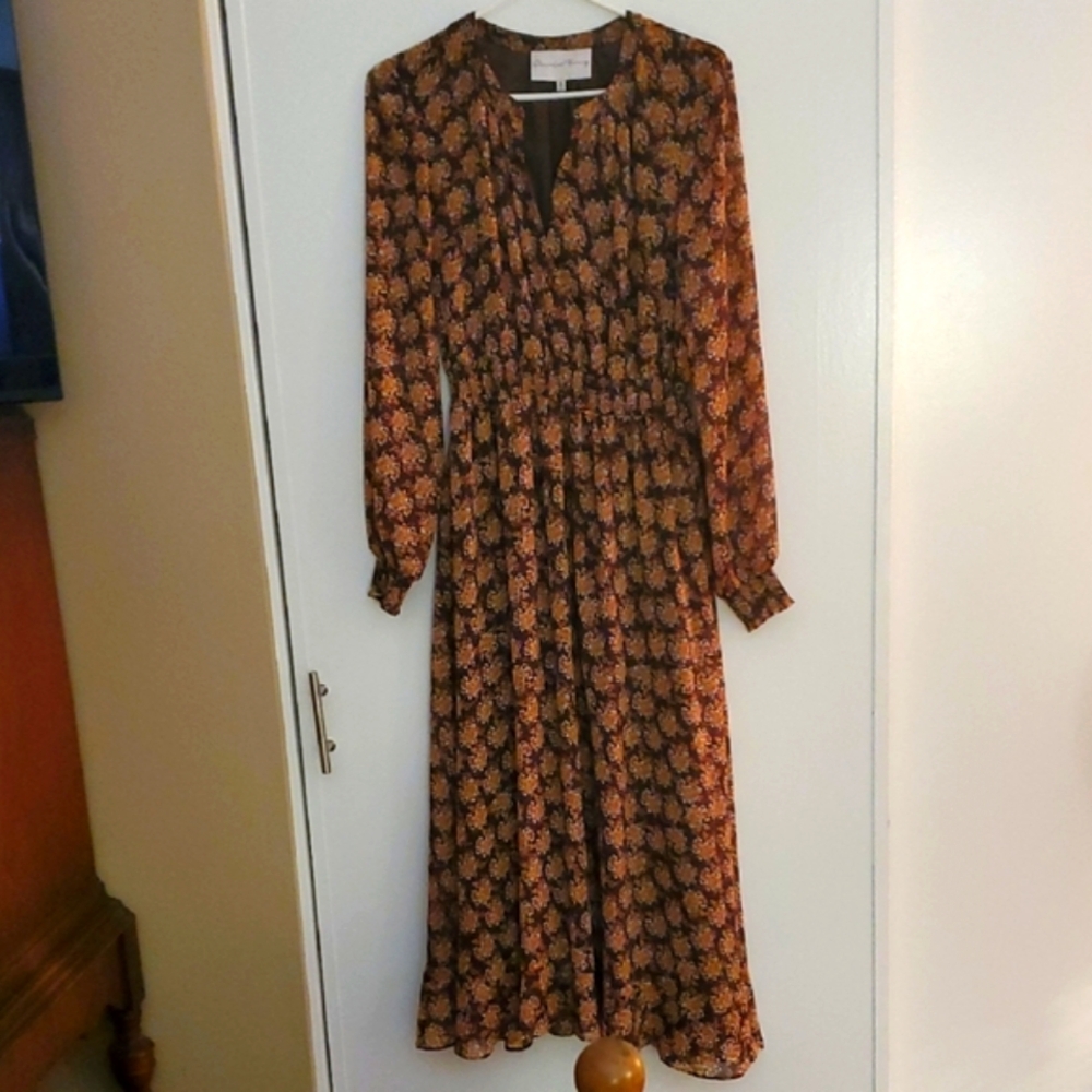 Charles Henry Brown Floral Long Sleeve Lined Dress
